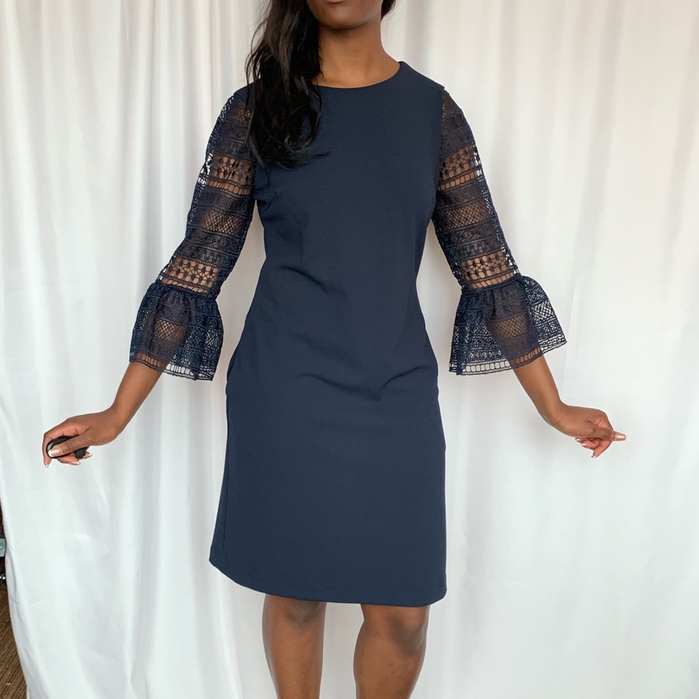 Navy blue cocktail knee length dress with lace sleeves